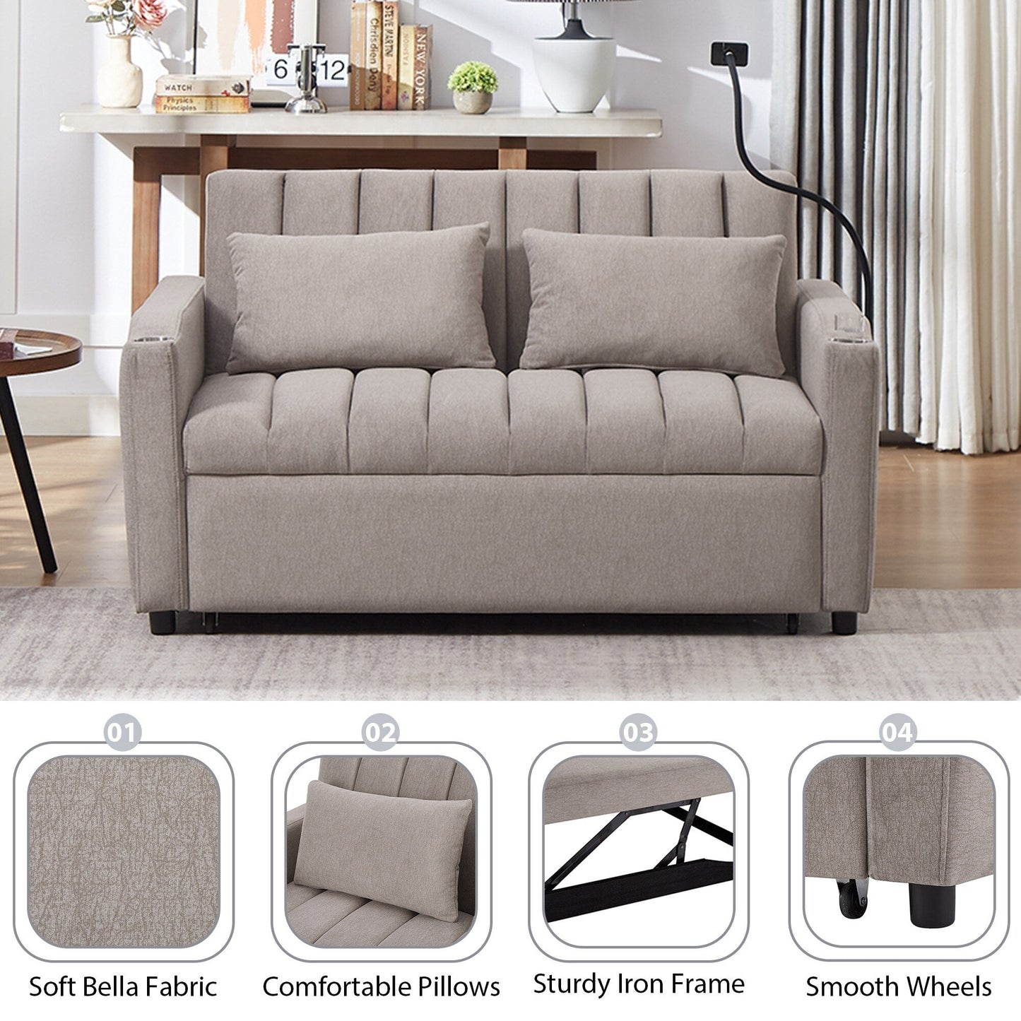 Roomfitters Convertible Loveseat Sofa Bed with USB Ports, Side Pockets, Cup Holders, and Swivel Phone Holder for Living Room