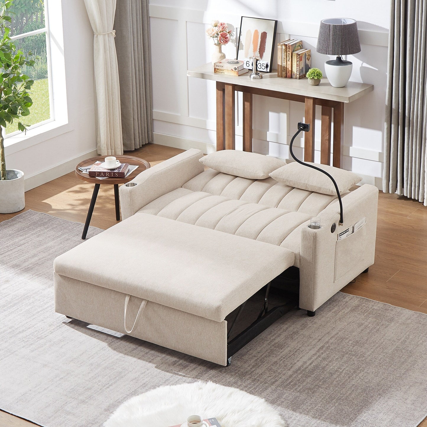 Roomfitters Convertible Loveseat Sofa Bed with USB Ports, Side Pockets, Cup Holders, and Swivel Phone Holder for Living Room