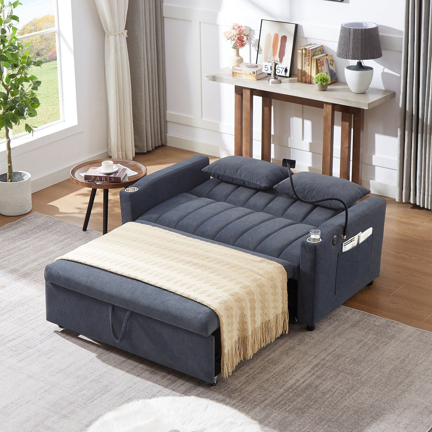 Roomfitters Convertible Loveseat Sofa Bed with USB Ports, Side Pockets, Cup Holders, and Swivel Phone Holder for Living Room