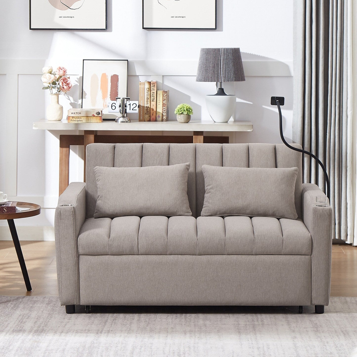 Roomfitters Convertible Loveseat Sofa Bed with USB Ports, Side Pockets, Cup Holders, and Swivel Phone Holder for Living Room