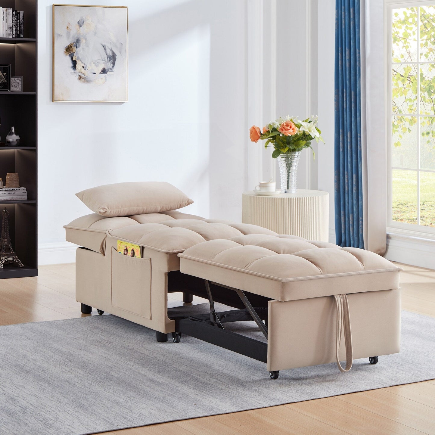 Taupe 68.5 Velvet Single Folding Sofa Bed with Adjustable Backrest and Pillows for Living Room