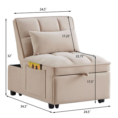 Taupe 68.5 Velvet Single Folding Sofa Bed with Adjustable Backrest and Pillows for Living Room