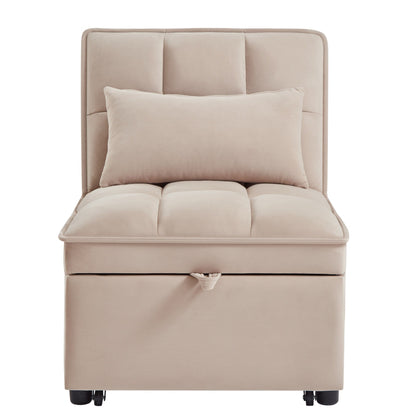 Taupe 68.5 Velvet Single Folding Sofa Bed with Adjustable Backrest and Pillows for Living Room
