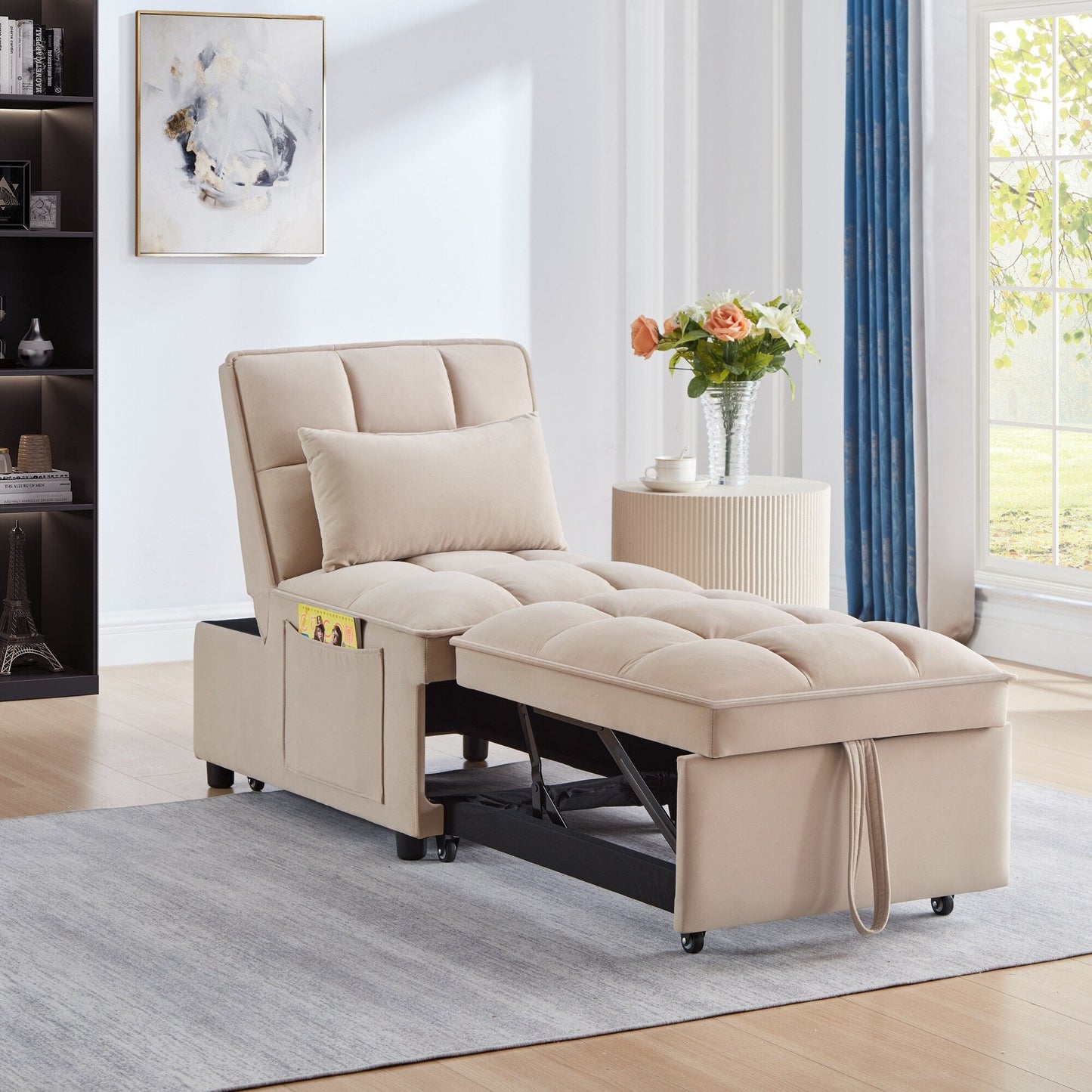 Taupe 68.5 Velvet Single Folding Sofa Bed with Adjustable Backrest and Pillows for Living Room
