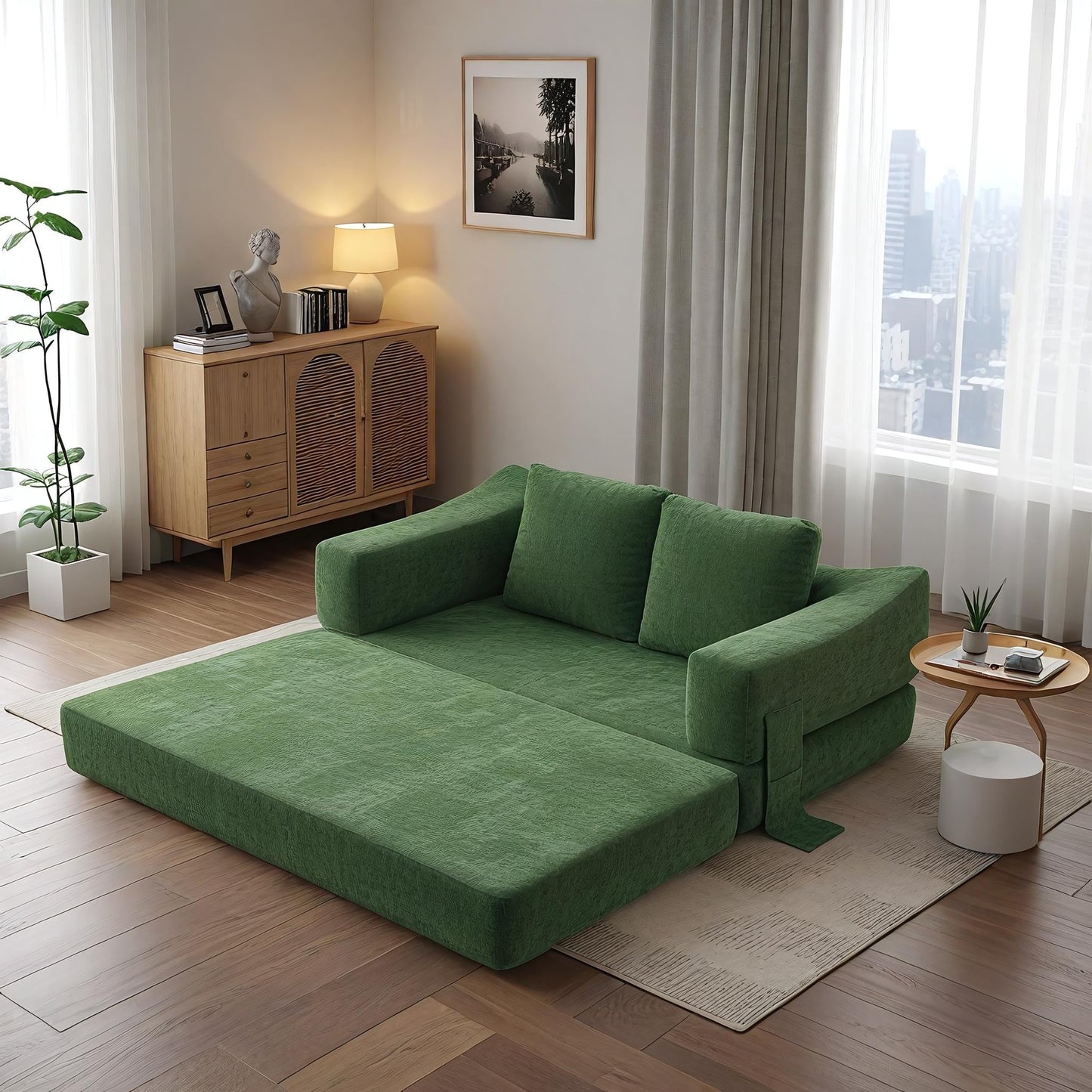 70.87 Upholstered Convertible Sleeper Sofa, Convertible Chair Floor Couch Comfy Sofa for Living Room, Bedroom, Chenille Fabric
