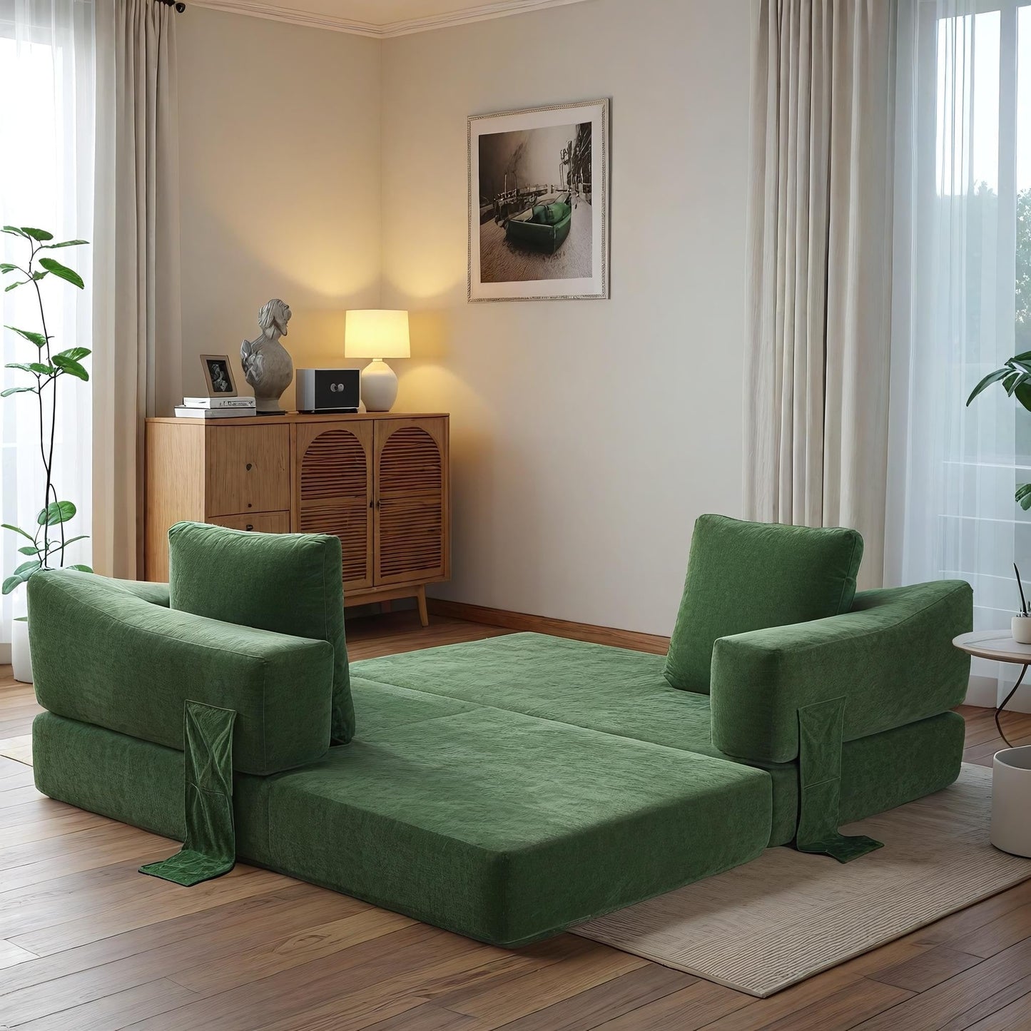 70.87 Upholstered Convertible Sleeper Sofa, Convertible Chair Floor Couch Comfy Sofa for Living Room, Bedroom, Chenille Fabric