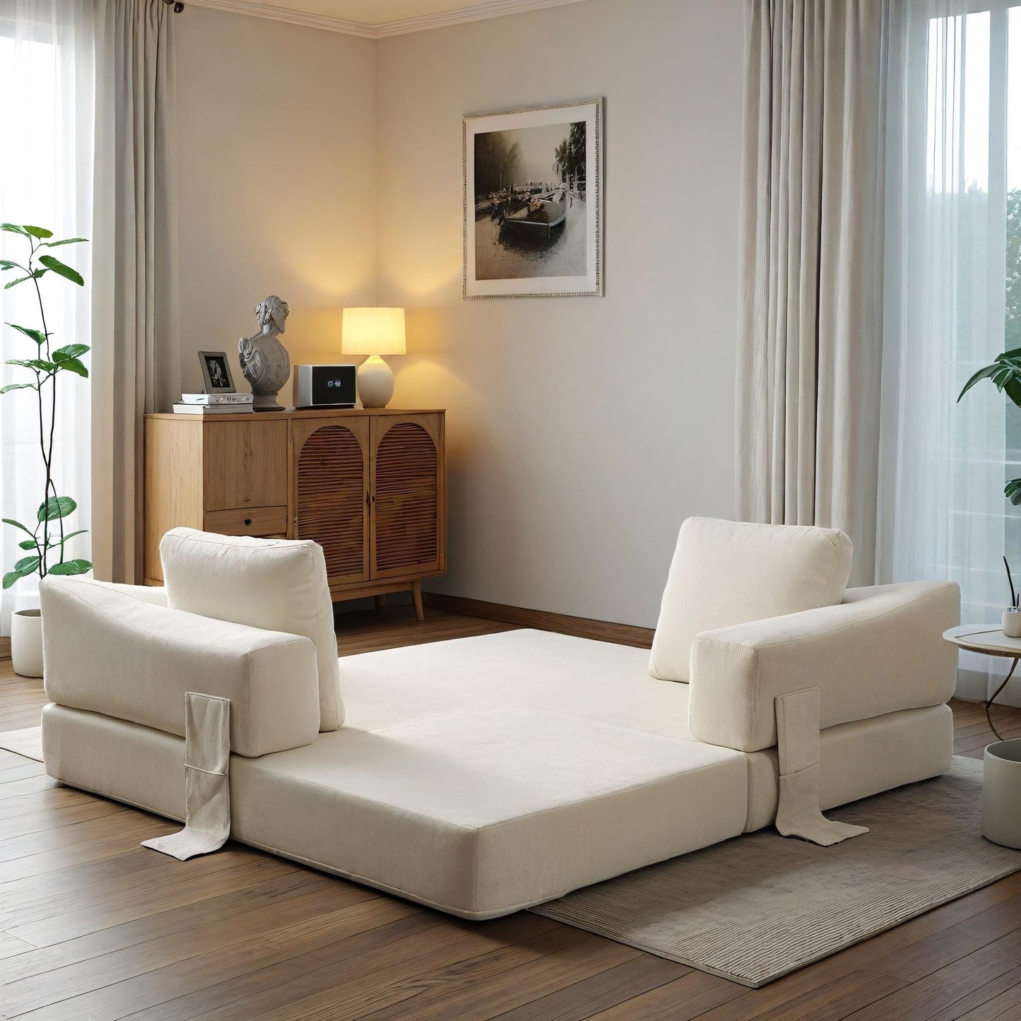 70.87 Upholstered Convertible Sleeper Sofa, Convertible Chair Floor Couch Comfy Sofa for Living Room, Bedroom, Chenille Fabric