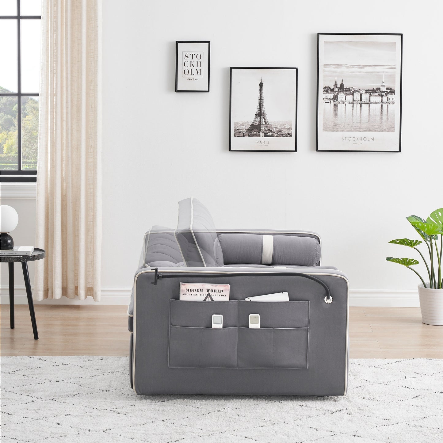 Velvet Convertible 55'' 2-Seater Sleeper Sofa with Pull-Out Bed, Adjustable Recline, Side Pockets, and Phone Holder