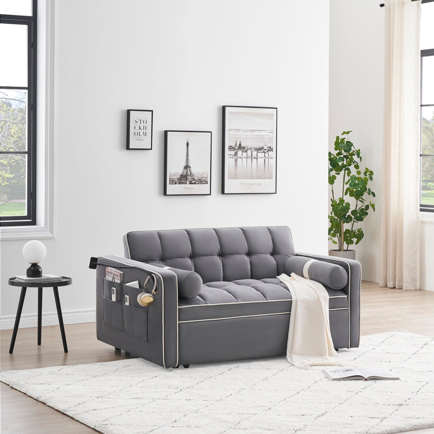Velvet Convertible 55'' 2-Seater Sleeper Sofa with Pull-Out Bed, Adjustable Recline, Side Pockets, and Phone Holder