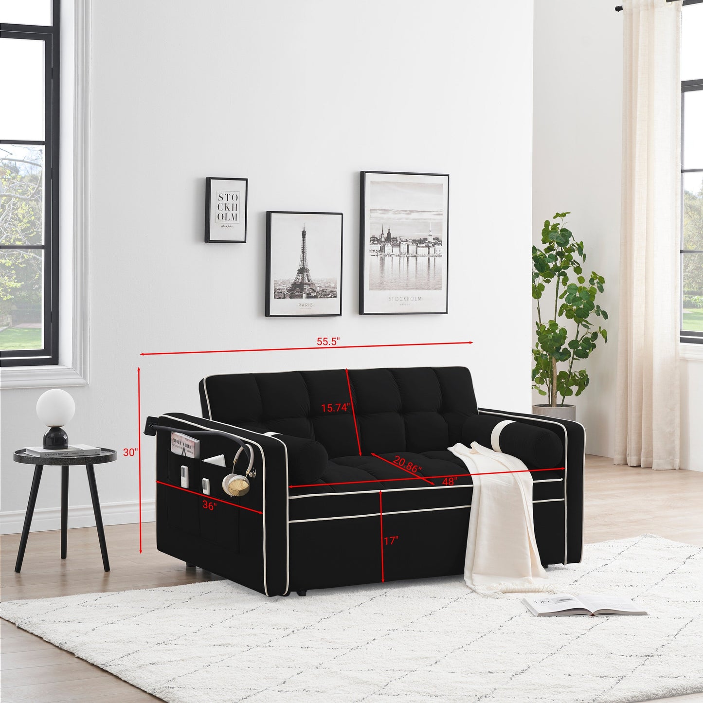 Velvet Convertible 55'' 2-Seater Sleeper Sofa with Pull-Out Bed, Adjustable Recline, Side Pockets, and Phone Holder