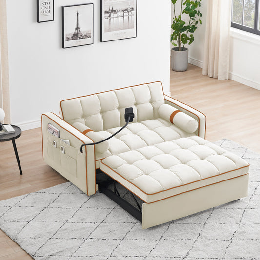 Velvet Convertible 55'' 2-Seater Sleeper Sofa with Pull-Out Bed, Adjustable Recline, Side Pockets, and Phone Holder